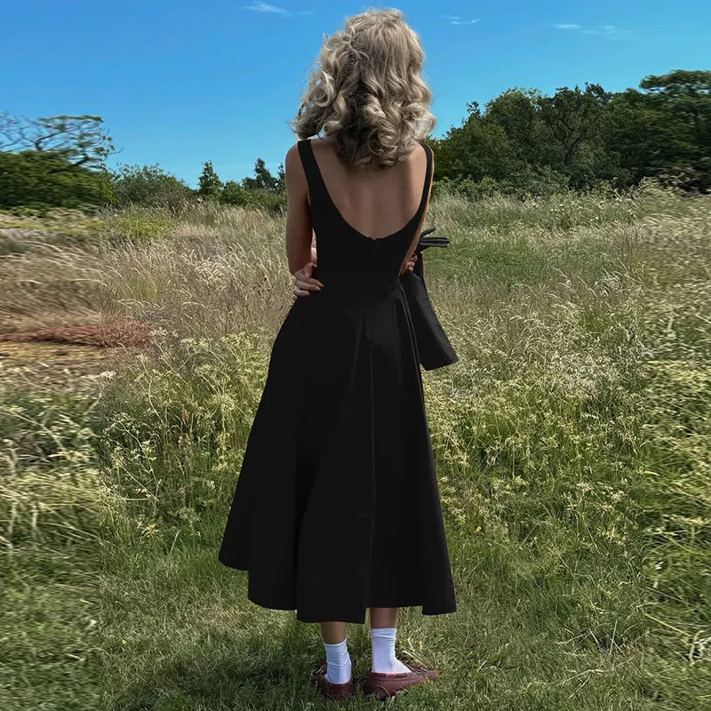 Solid Color Black R Sleeveless Waist ming Backless Dress Wholesale