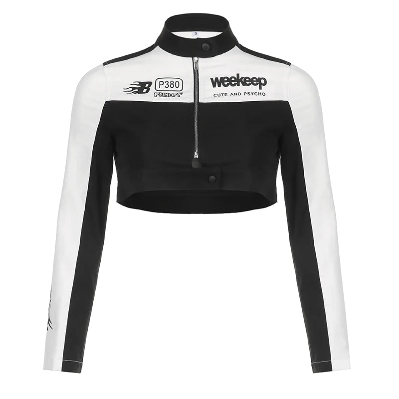 Moto Biker Crop Jackets Zip Up Patchwork Coats