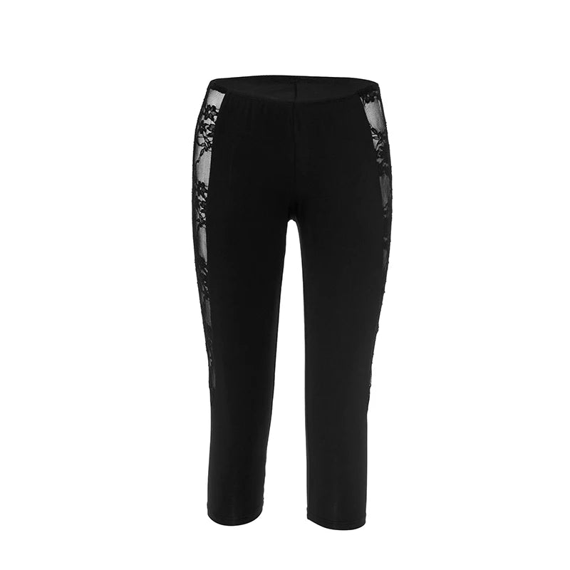 'S Mid-Waisted Lace Patchwork See-Through Package Buttocks Color Seven-Point Pants