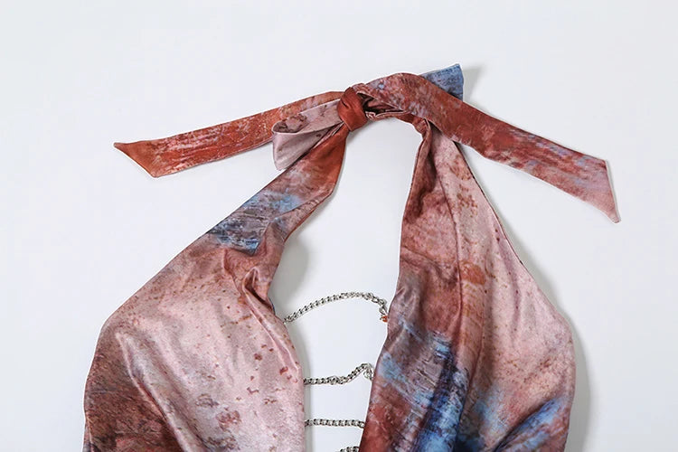 Tie-Dye Dress Halter Metal Chains Patchwork Backless Long Bodycon