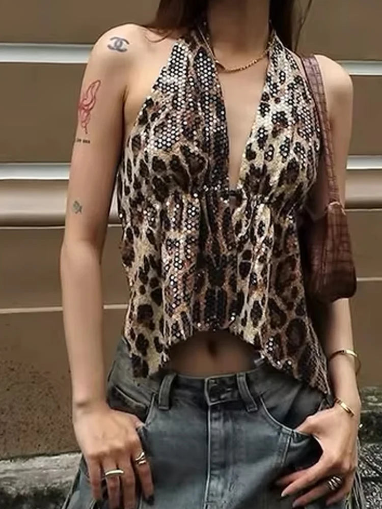 Leopard Sequins Vest Backless Halter V-Neck Lace-Up Sleeveless Wild Tank Top