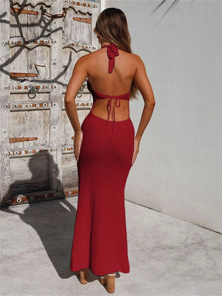 Knitted Crochet Maxi Dress See Through Halter Low Neck Backless Concise Street