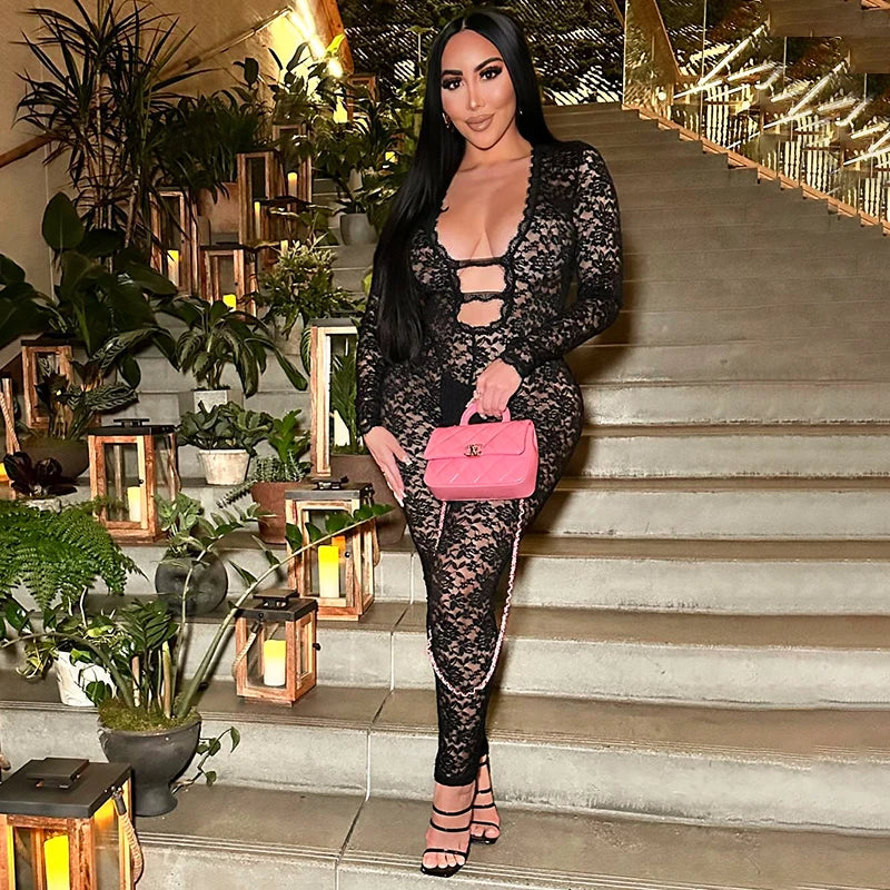 Hollow Out Deep V-Neck Lace See-Through Zipper Jumpuit Evening