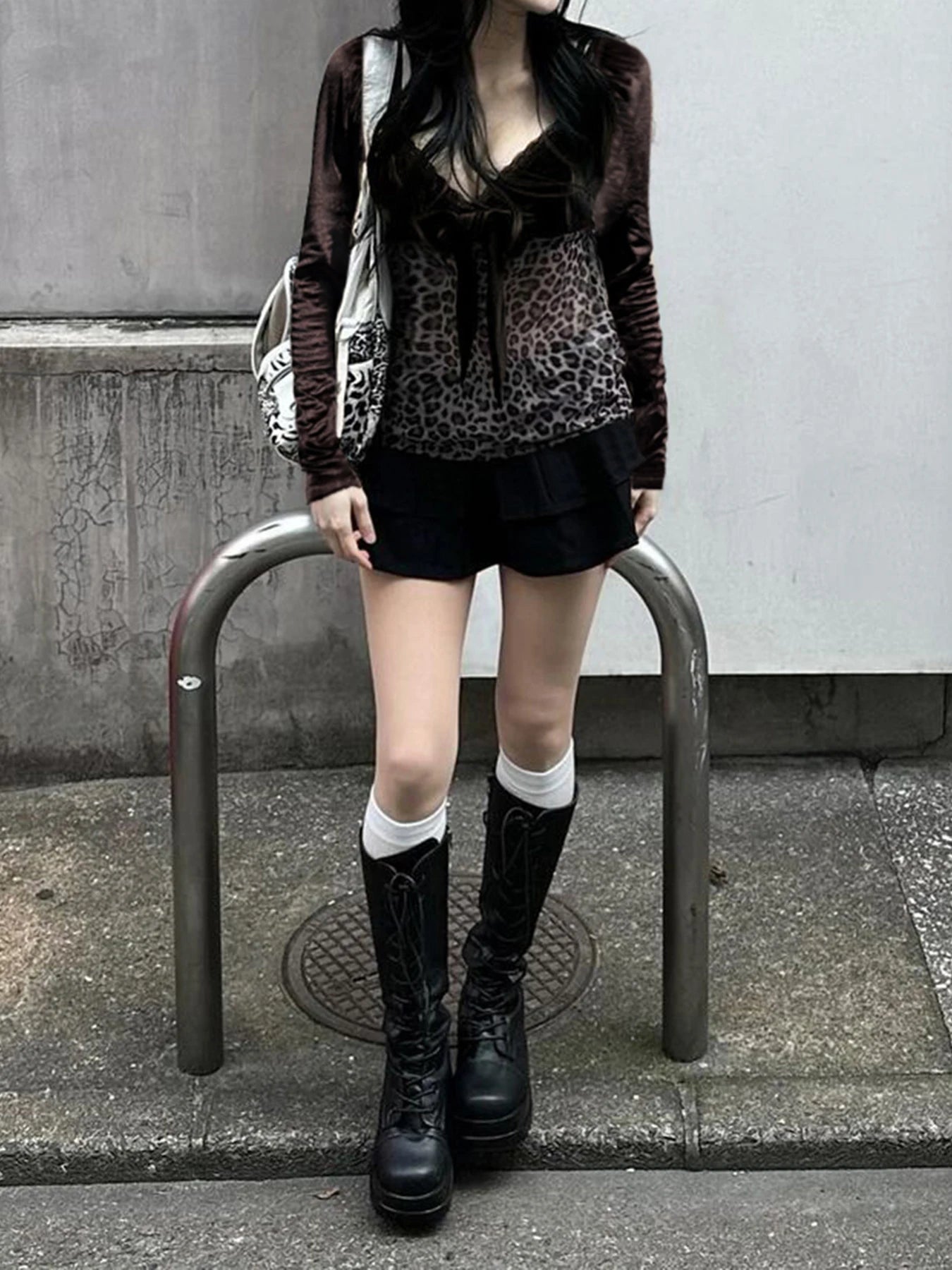 Lace Patchwork Leopard print T-shirts Lace-up Long Sleeves Strap Retro Top