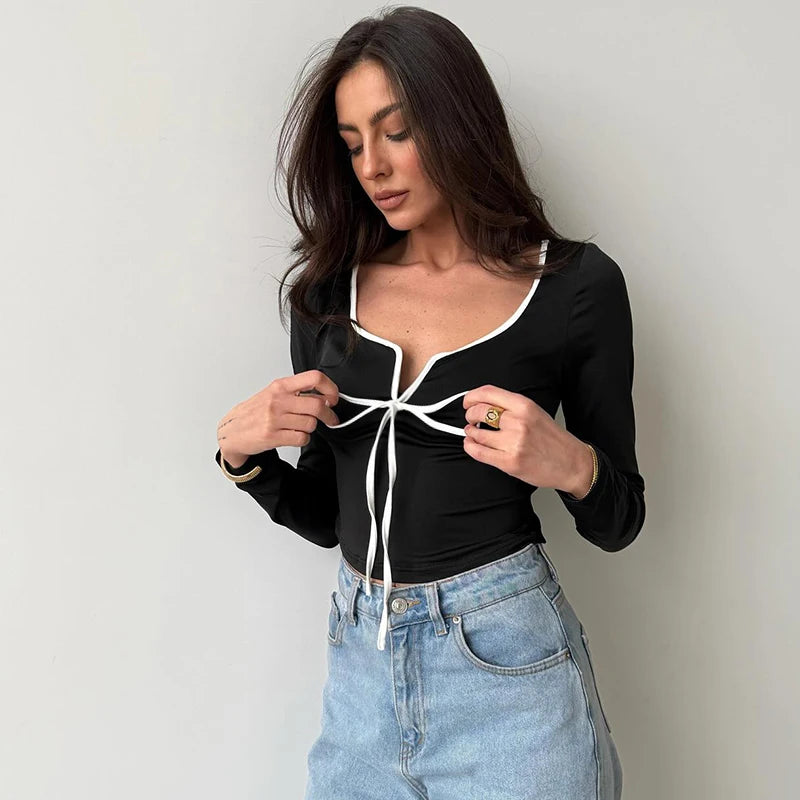 Clahing Patchwork Lace-Up V-Neck Square Neck Short Navel-Gazing Long Sleeve Top