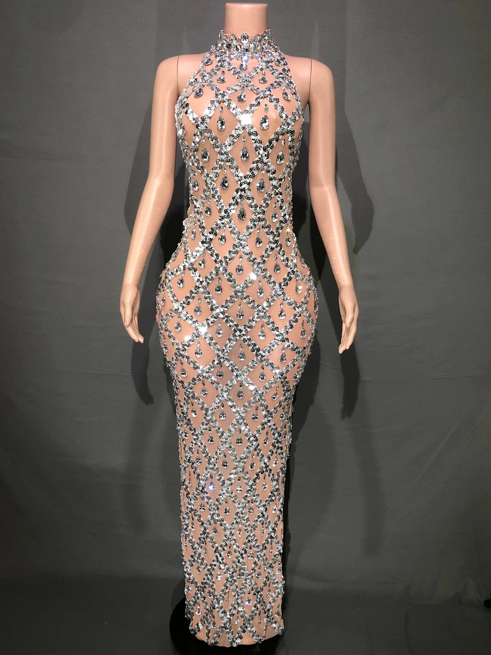 Sparkly Sequins Crystals Long Dress Prom Birthday Dress Transparent Performance Costume Show Stage Wear