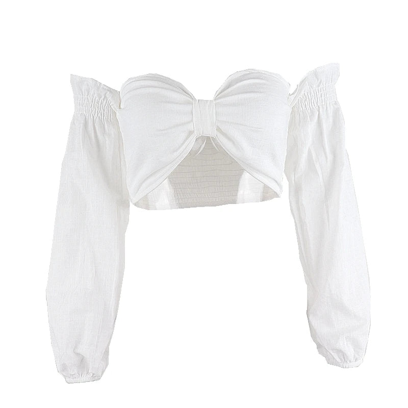 White Off Shoulder Crop Top Deep V-neck Puff Long Sleeves T Shirt Bow Exposed Navel Top wear