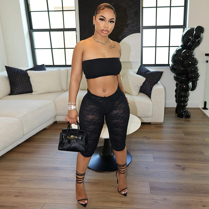 Black Lace Strapless Top See-Through Pants Two Piece Set