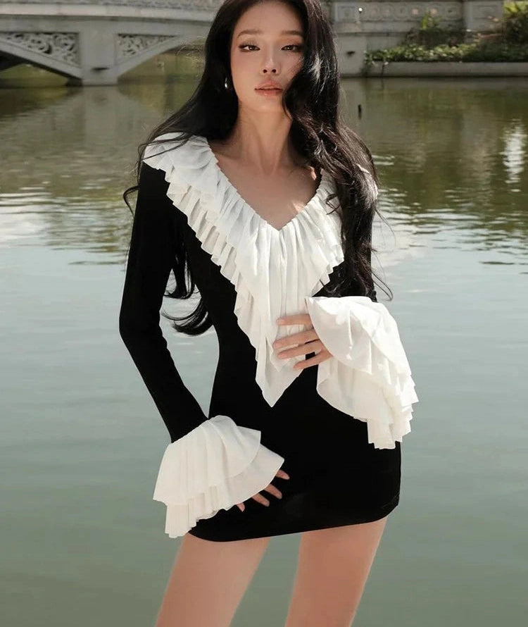 Dress Patchwork v-Neck Tierred Full Sleeve Skinny Mini Bodycon