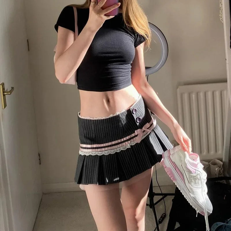 Lace Splice Mini Skirts Bow Folds Skirt Lace-up High Waist Skirt