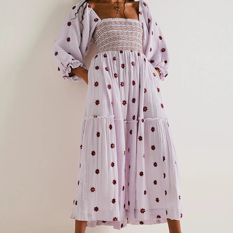 Ruffle Swing A Line Maxi Dress Bohemian Floral Dress Square Neck Long Sleeve Dress