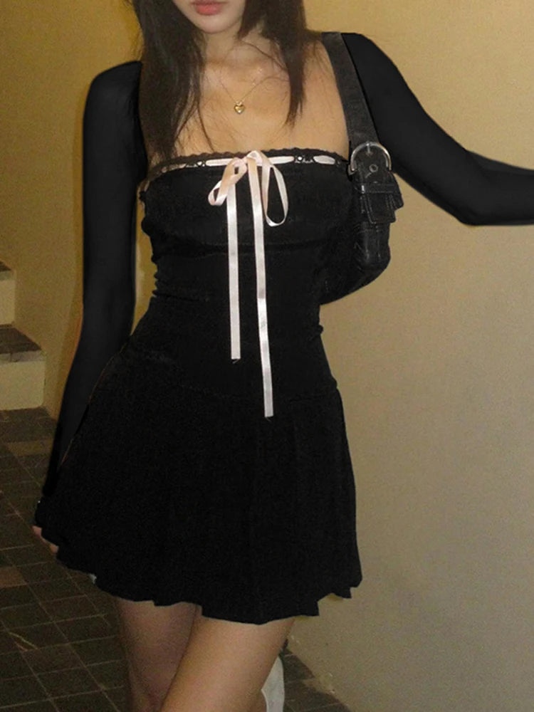 Black Lace Up Square Collar Dresses Balletcore Aesthetic Bodycon Long Sleeve Mini Dress Korean