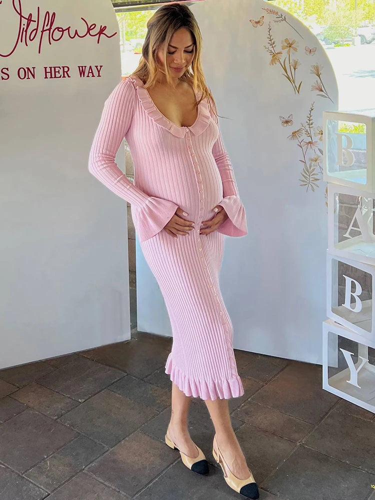 Pink Ruffles Flare Sleeve Midi Dress