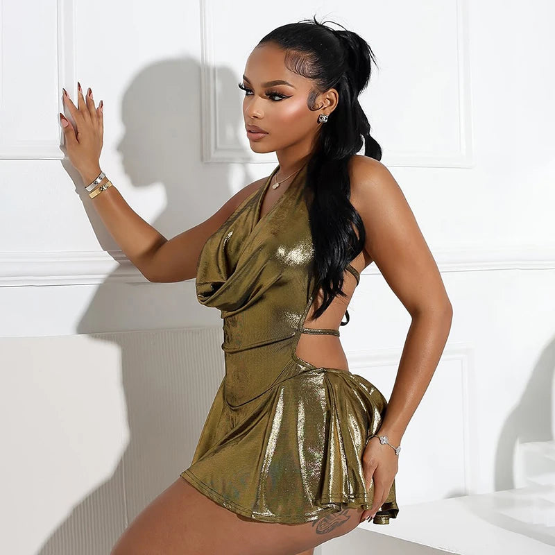 Metallic V Neck Backless Strap Mini Dress