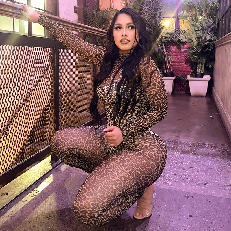 Leopard Slim Long Sleeve Round Neck See Through Slim Jumpuit