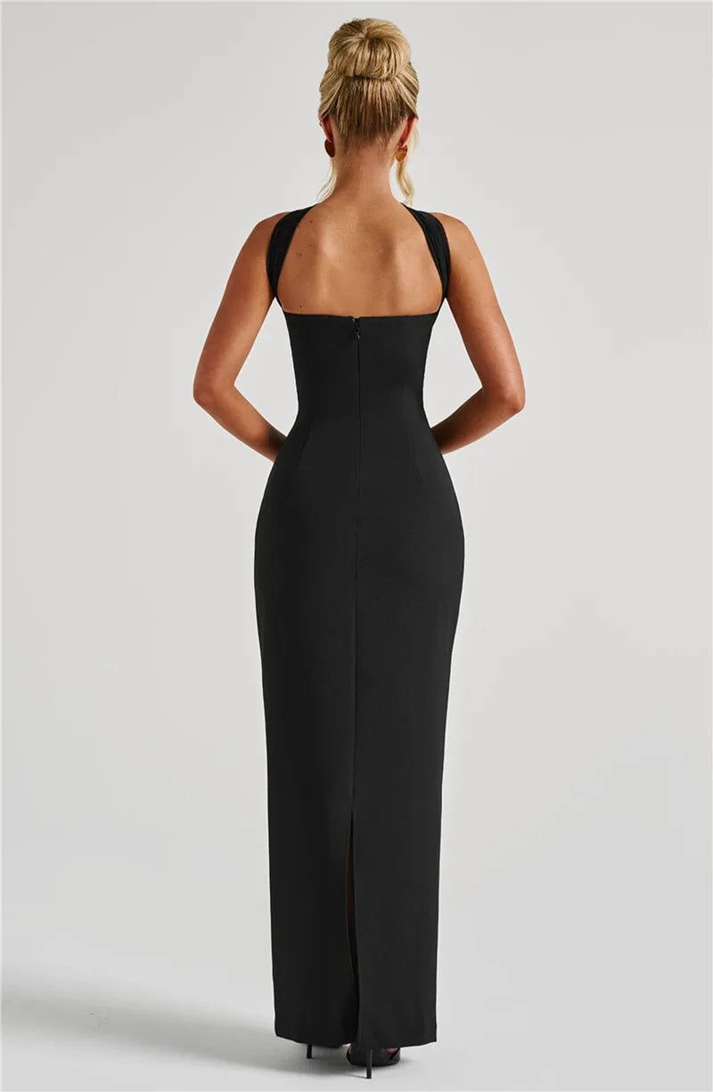 Scarf Collar Backless Bodycon Maxi Dress