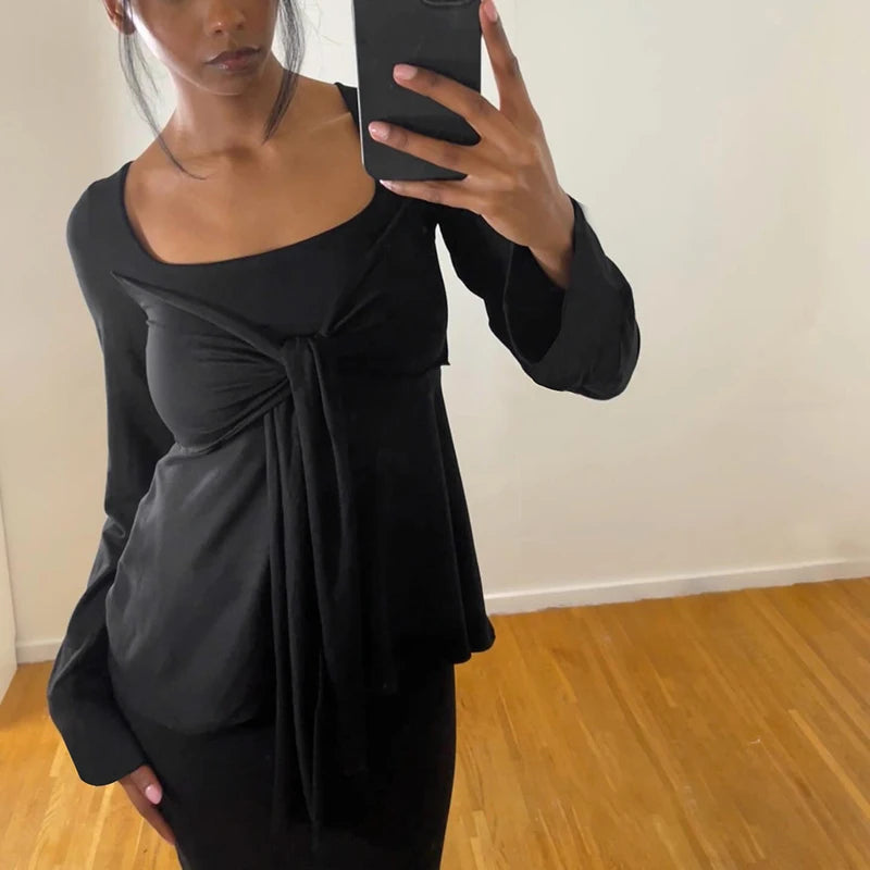 Square Neck With Bow Tie Flare Long Sleeve Top