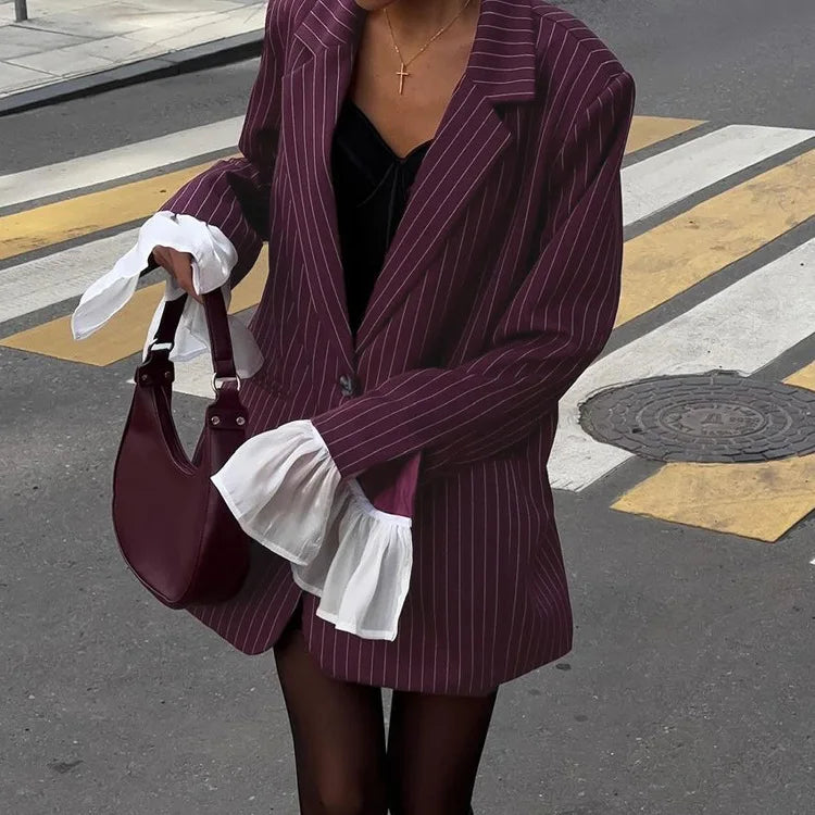 Patchwork Notched Collar Lace Blazer Flare Sleeve Single Breasted Jacket Femme Loose Coat