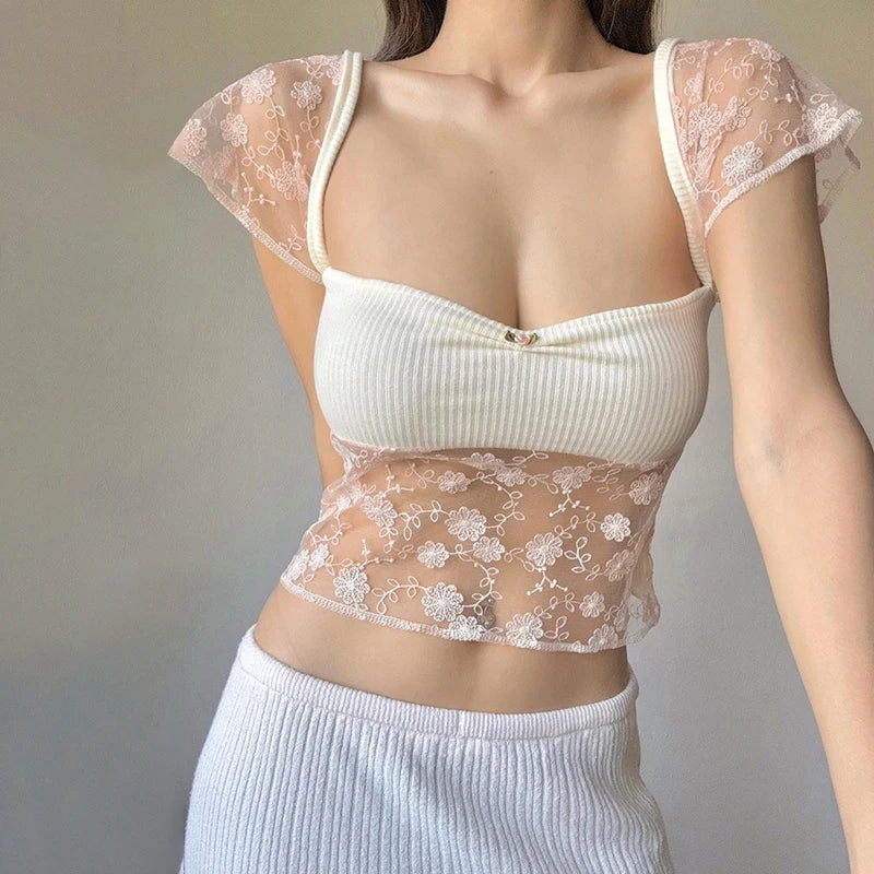 Lace Patchwork Kawaii Sweet T Shirt Short Sleeve Crop Top