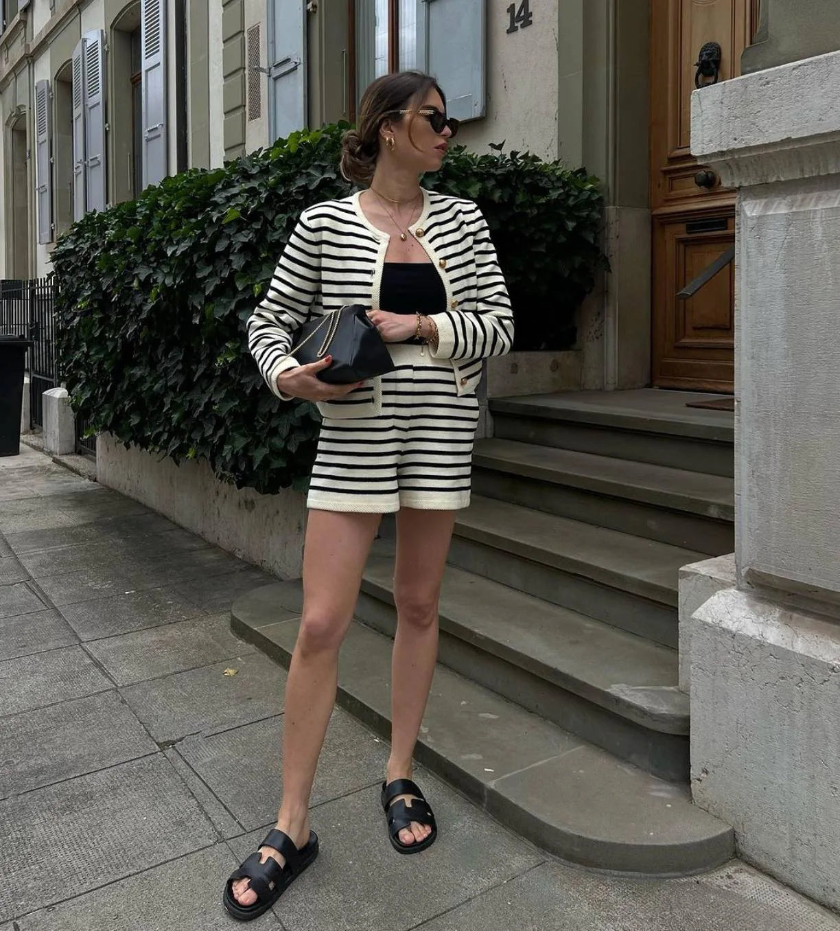 Striped Knit 2 Piece-Set Shorts Zebra ed Cardigan And High Waist Patchwork Shorts Sets Knit