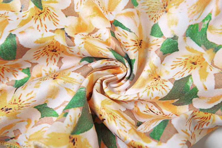 Floral Print Two Piece Set Halter Shirring Tube Camisole Peach Hip Skirt Sweet Matching Suits