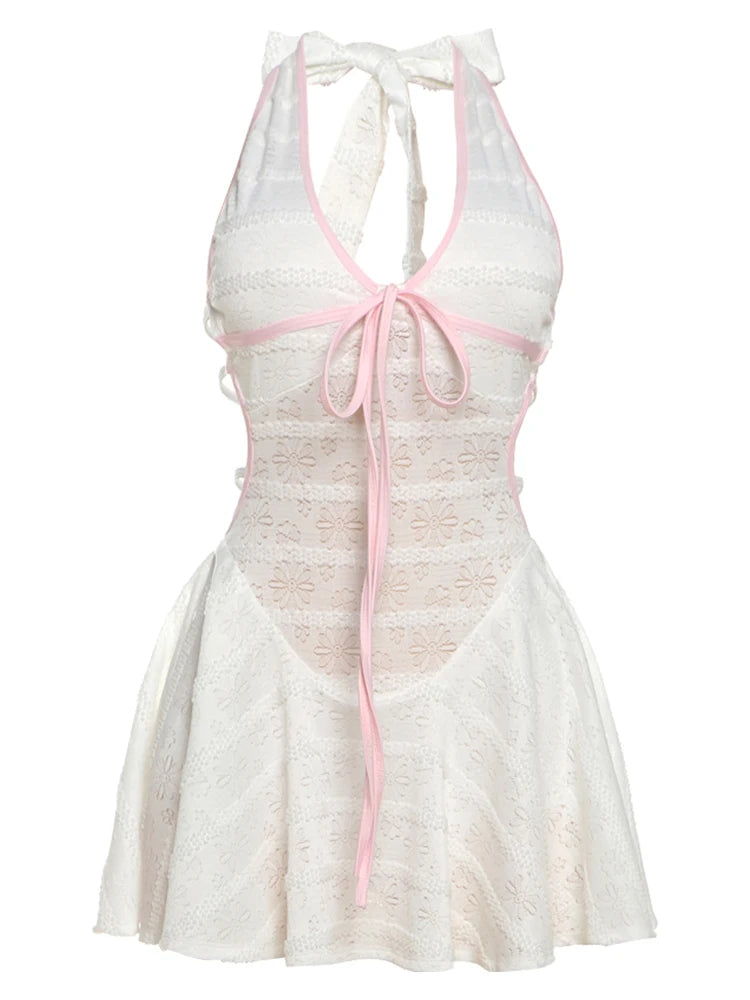 Backless Dress See Through Pink Shirring Sleeveless Stretch Mini Bodycon
