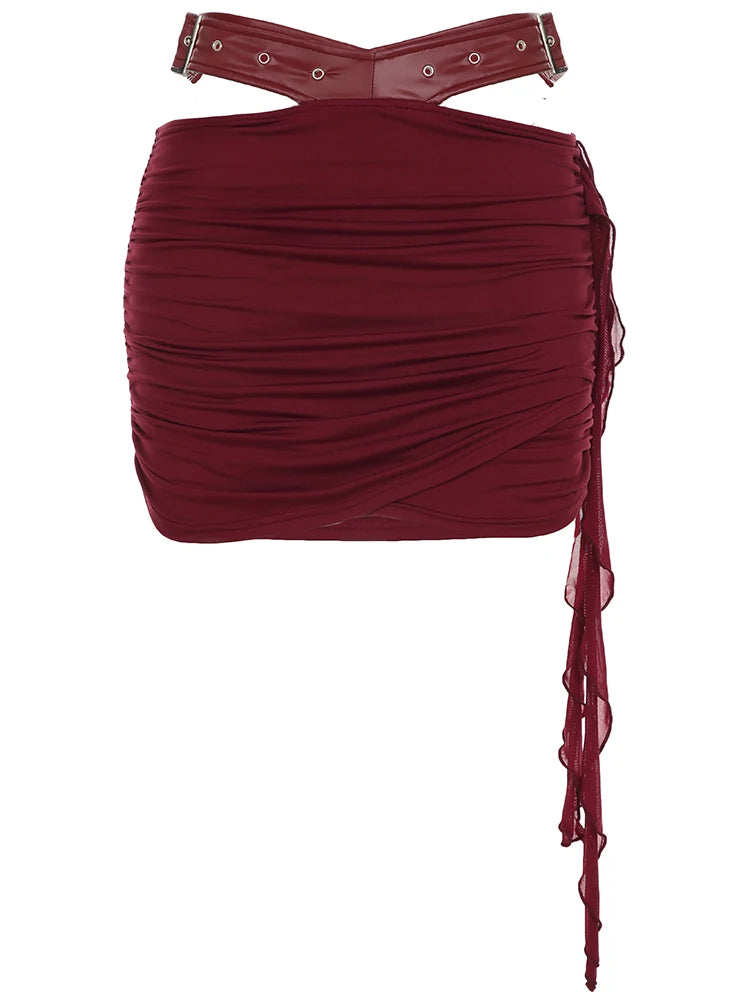 Backless Wine Two Pieces of Sets Harajuku Vest and Mini Skirts Lace Up