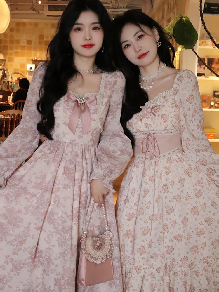 Spring Pink Floral Dress Bandage Lace Print Dress Puff Sleeve Kawaii Dress Princess Fairy