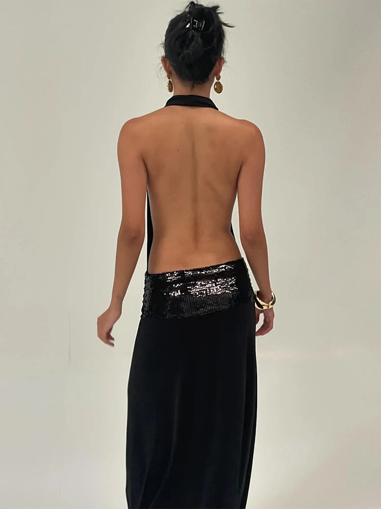 Waist Sequins Dress Backless Halter Sleeveless Pile Collar
