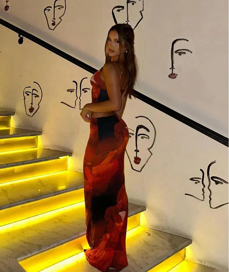 Stunning Panelled Two Piece Set Low Neck Slim Camisoles High Waist Maxi Skirt Attire