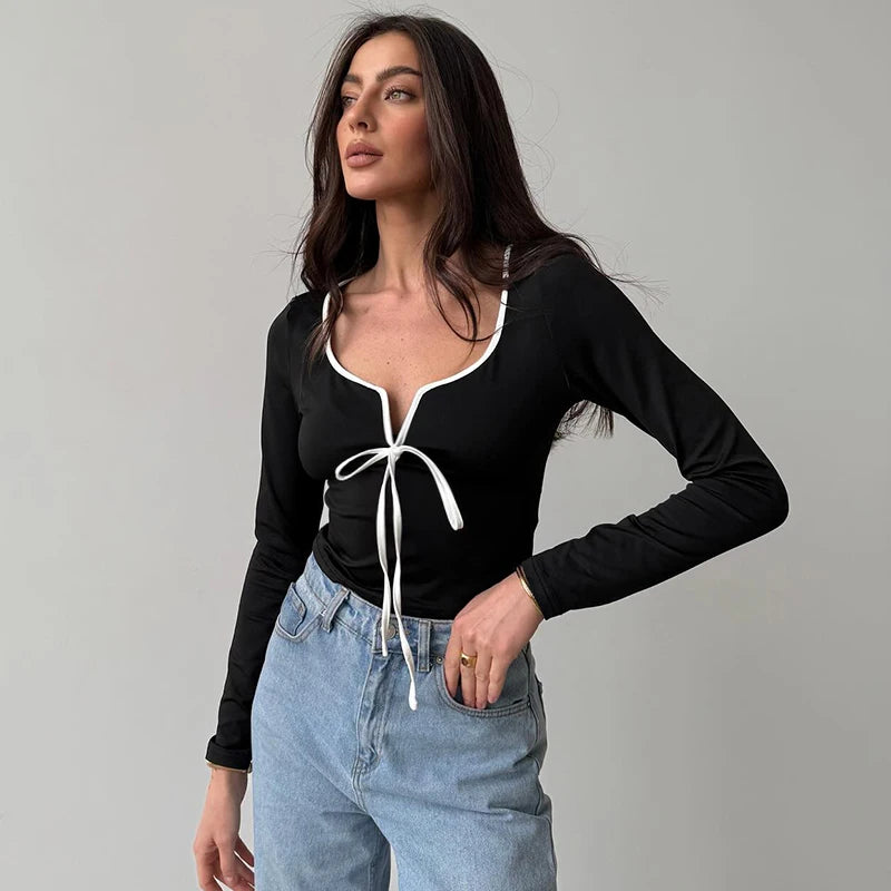 Clahing Patchwork Lace-Up V-Neck Square Neck Short Navel-Gazing Long Sleeve Top
