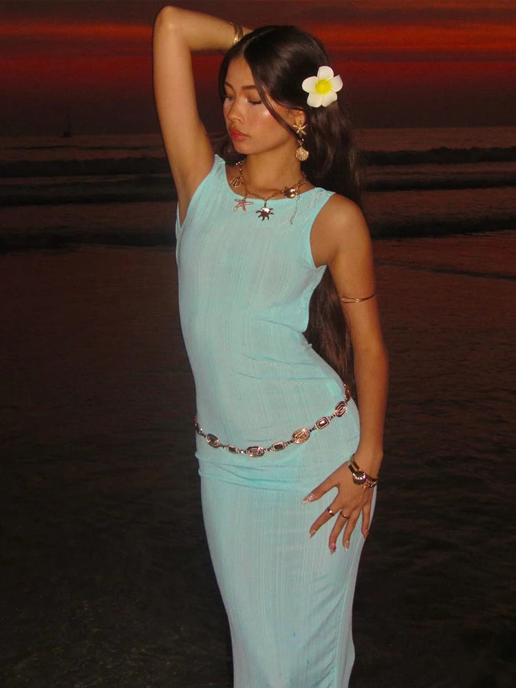 Backless See Through Dress Slit Peach Buttocks Solid Sheath Sleeveless Bodycon