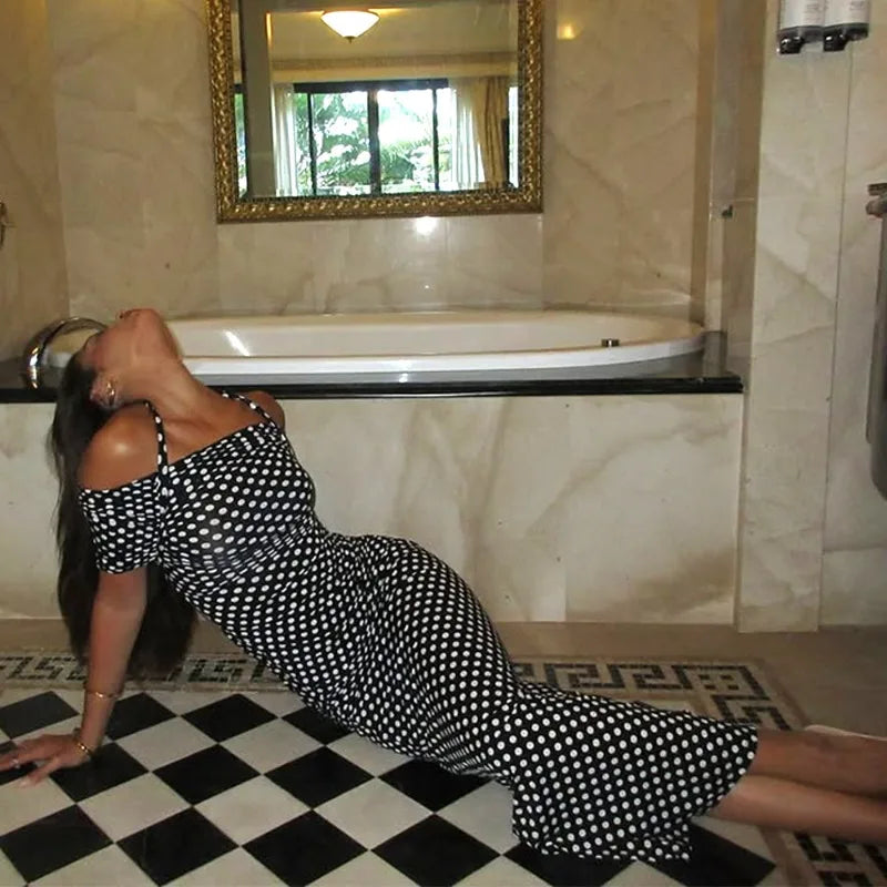 Black Polka Dot Backless Split Maxi Dress