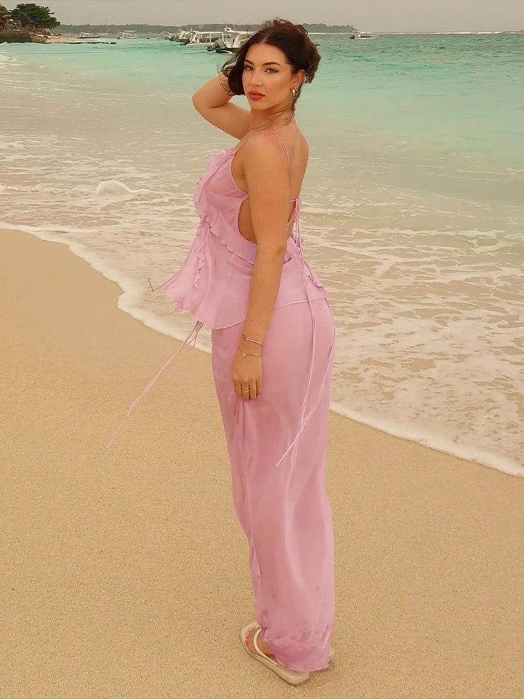 Mesh See Through Shirring Two Piece Set Irregular Ruffles Backless Top Long Skirt