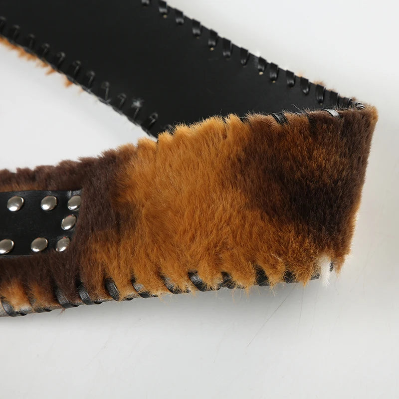 Cow Stripe Furry PU Belts Fairycore Grunge Leather Sashes Adjustable Accessories