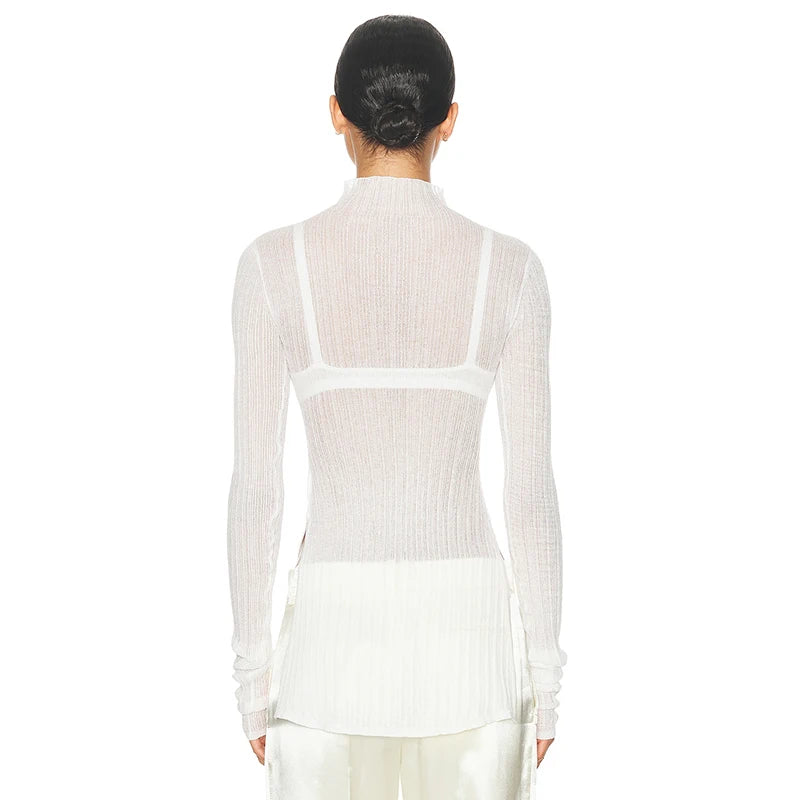 See Through Neck Pullover T-Shirt Long Sleeve Split Ribb Knit Top Side Slit
