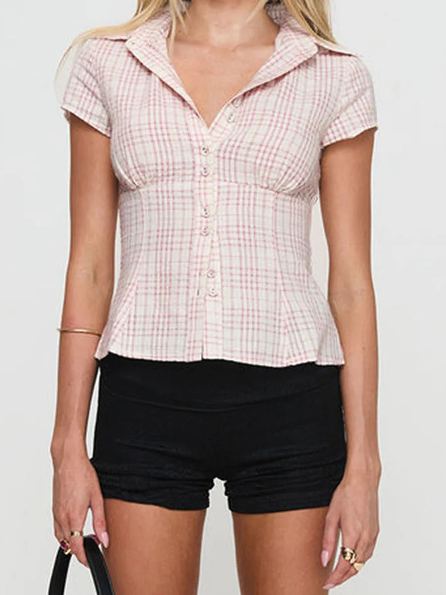 Short Sleeve Plaid Button Down Shirt Button Down Blouses Tops Shirt Tops 90s