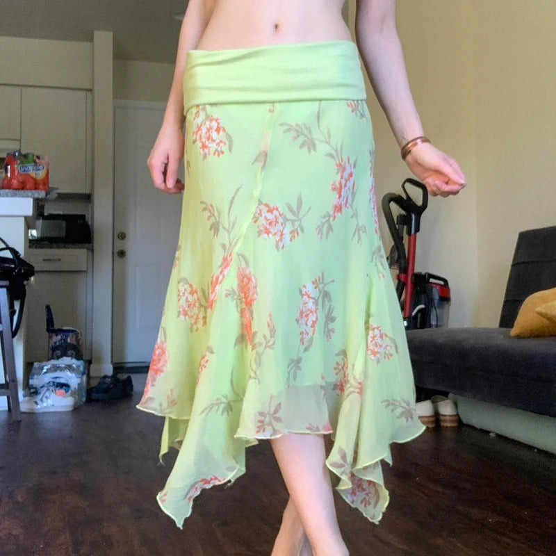 Floral Printing Asymmetric Hem Dress Colorful Fold Low Waist Mesh Sundress Bottoms