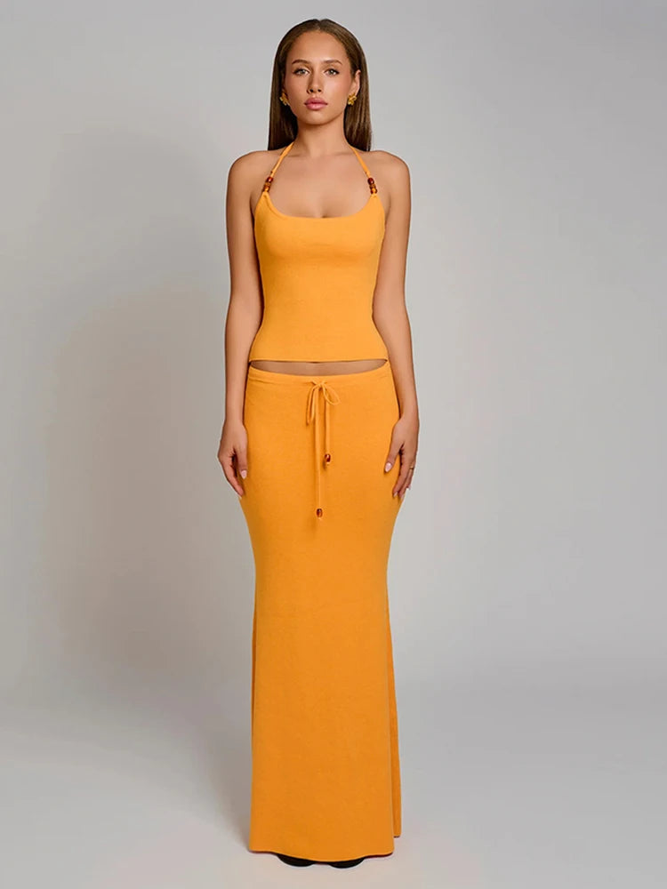 Matching 2 Piece Set Concie Halter Slim Cami Drawtring Maxi Skirt Suit