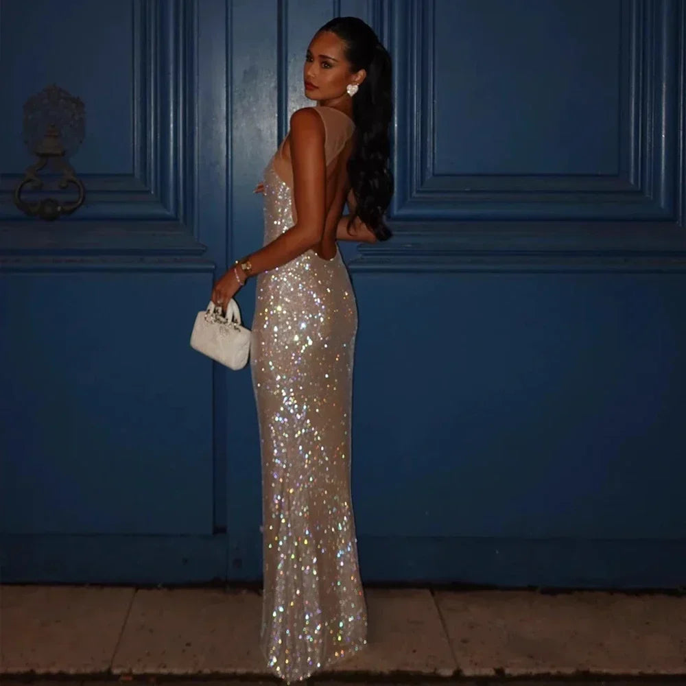 Sequins Sleeveless Maxi Dress for Luxury Long mal Occasion Dress Shiny Backless Evening Gala Dresses