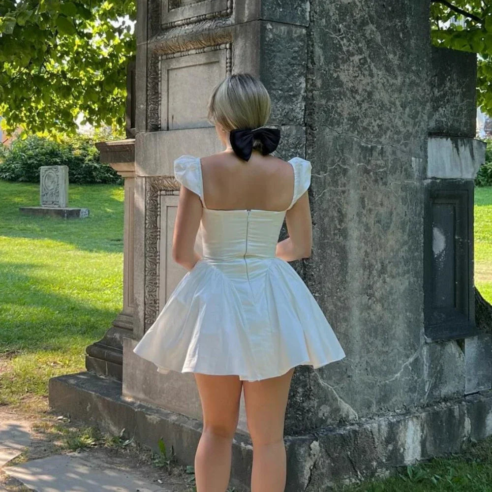 White Dress V Neck Cape Sleeve Dress Mini Casual Birthday Fluffy Skirt Dress