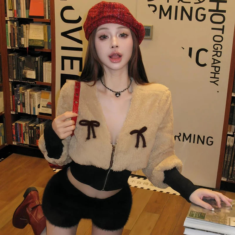 Bow V-Neck Long-Sleeve Jacket Lamb Wool Wait Slimming Top