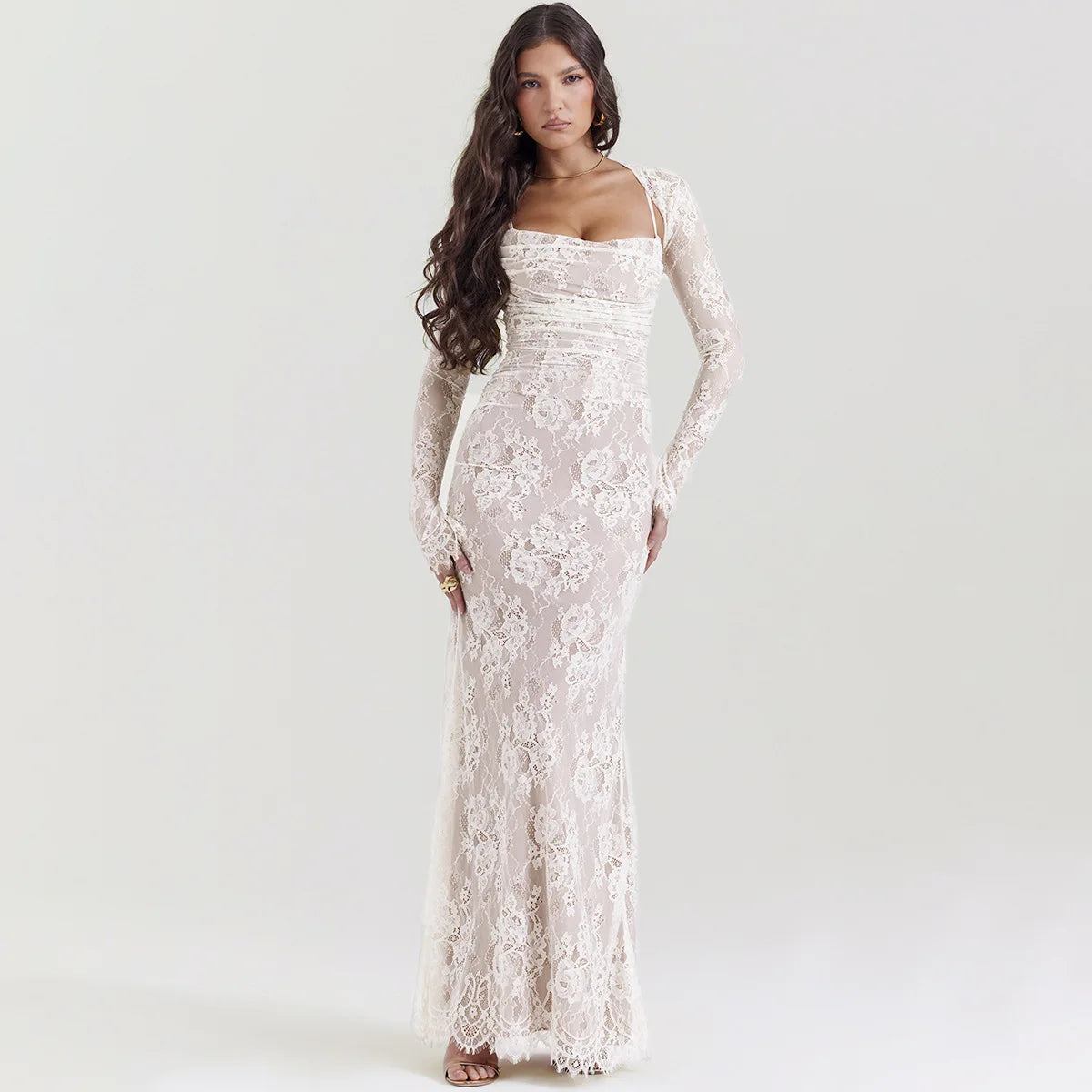 Lace Hollow Out Long Sleeve Two Piece Set