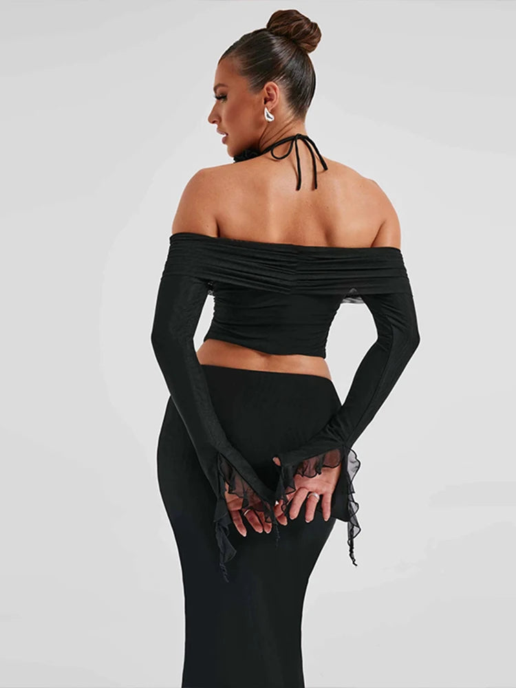 3D Flower Off Shoulder Crop Top Maxi Skirt Set