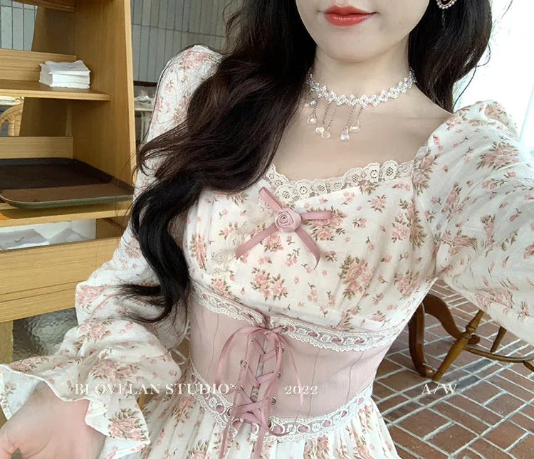 Spring Pink Floral Dress Bandage Lace Print Dress Puff Sleeve Kawaii Dress Princess Fairy