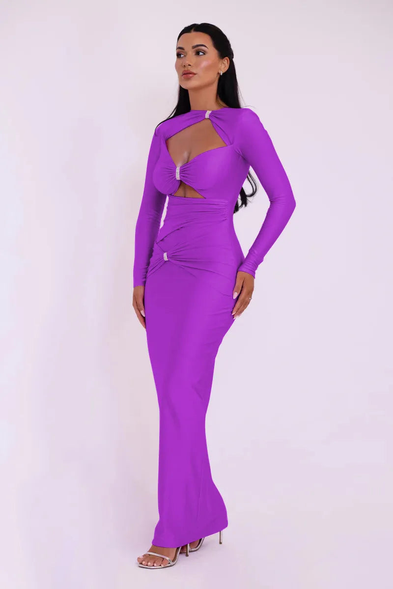 Hollow Out Long Sleeve Maxi Dress Solid Color Slim Fit Cut Out Long Dress