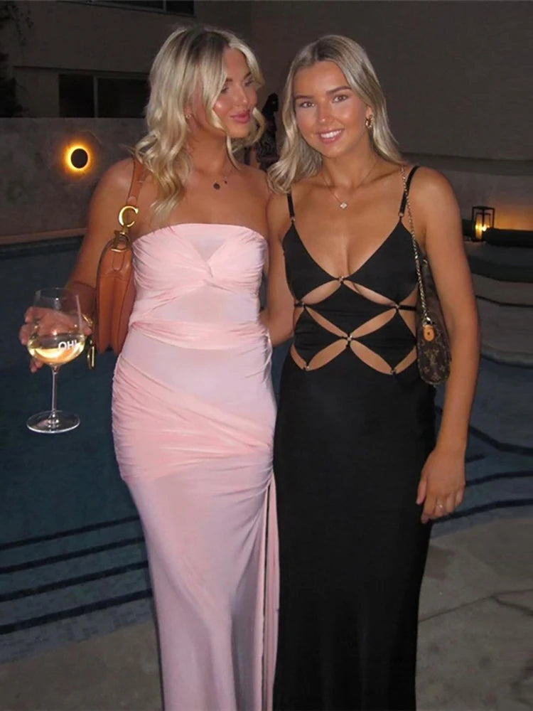 Strapless High Slit Maxi Dress Pink Backless High Waist Dress