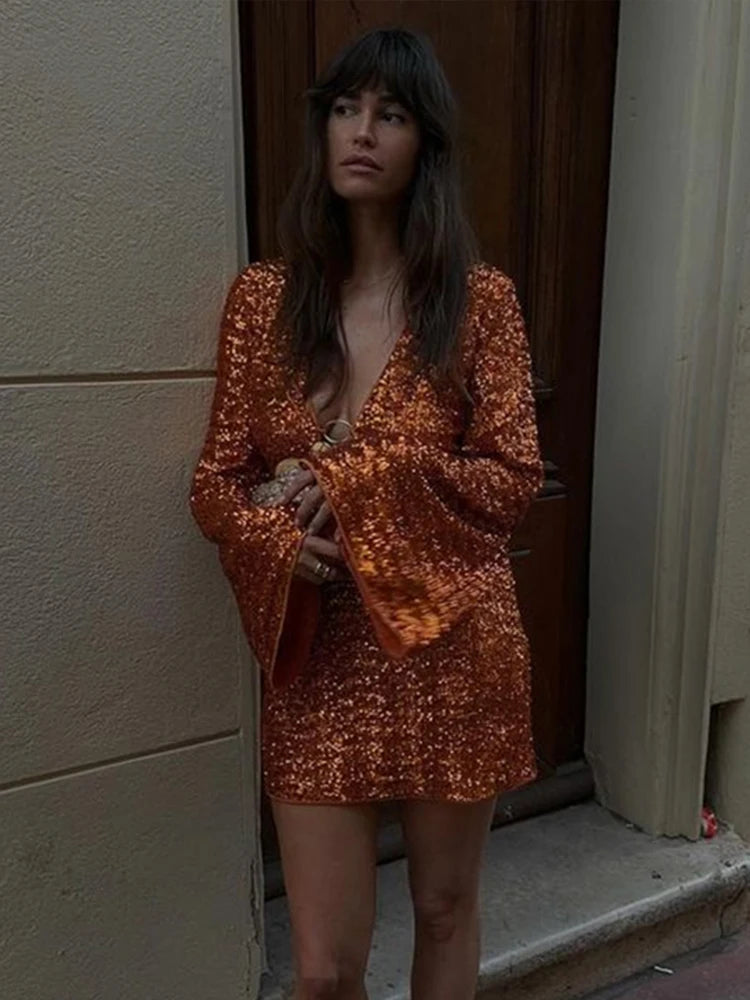Sequins Hollow-Out Deep V-Neck Mini Dress