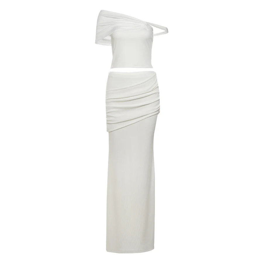 2 Piece Set Irregular Skew Collar Backless Crop Top Ruched Skirts Suit