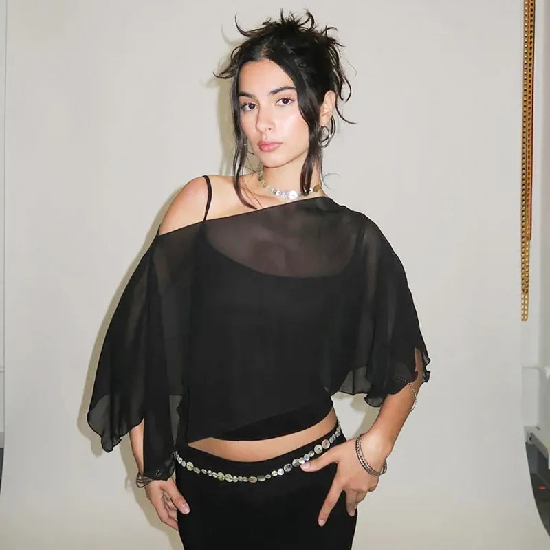 Black Mesh Ruffles Two Piece Top
